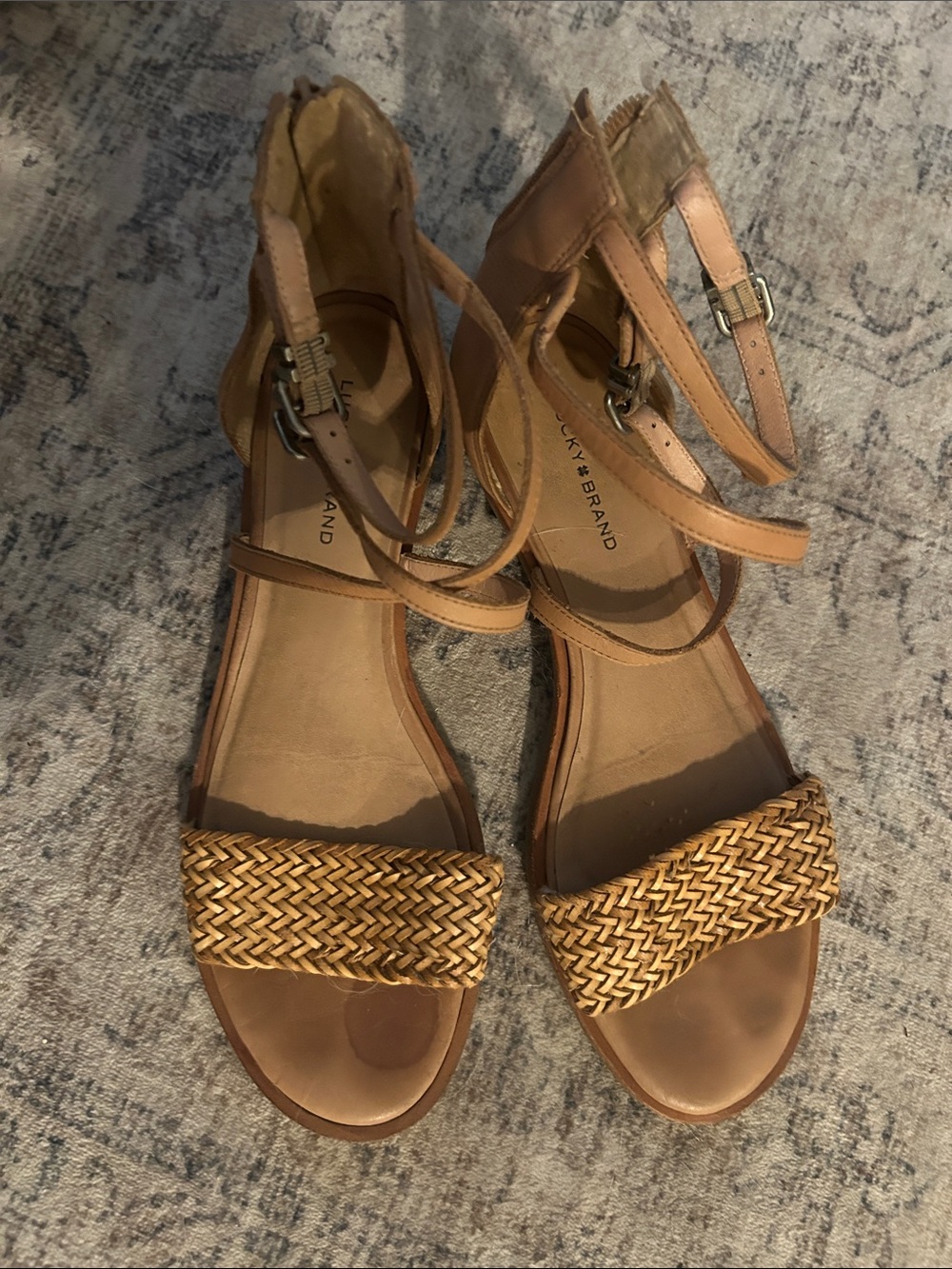 Lucky Brand Braided Front Strap Tan Leather Ankle-Strap Sandals